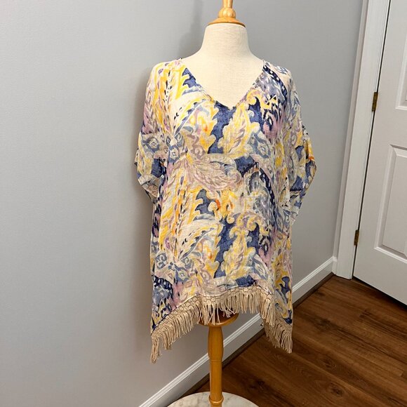 Chicos Linen Weave Poncho Cape Watercolor Paisley Crochet Fringe L/XL - Picture 3 of 13